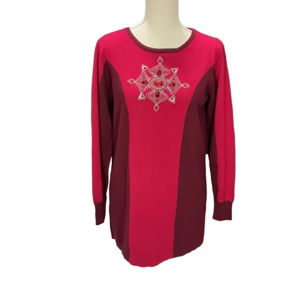 Bob Mackie Wearable Art Embellished Tunic Sweater Long Sleeve Two tone Red Sz Sm